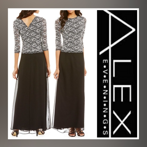 alex evenings sequined lace & chiffon gown